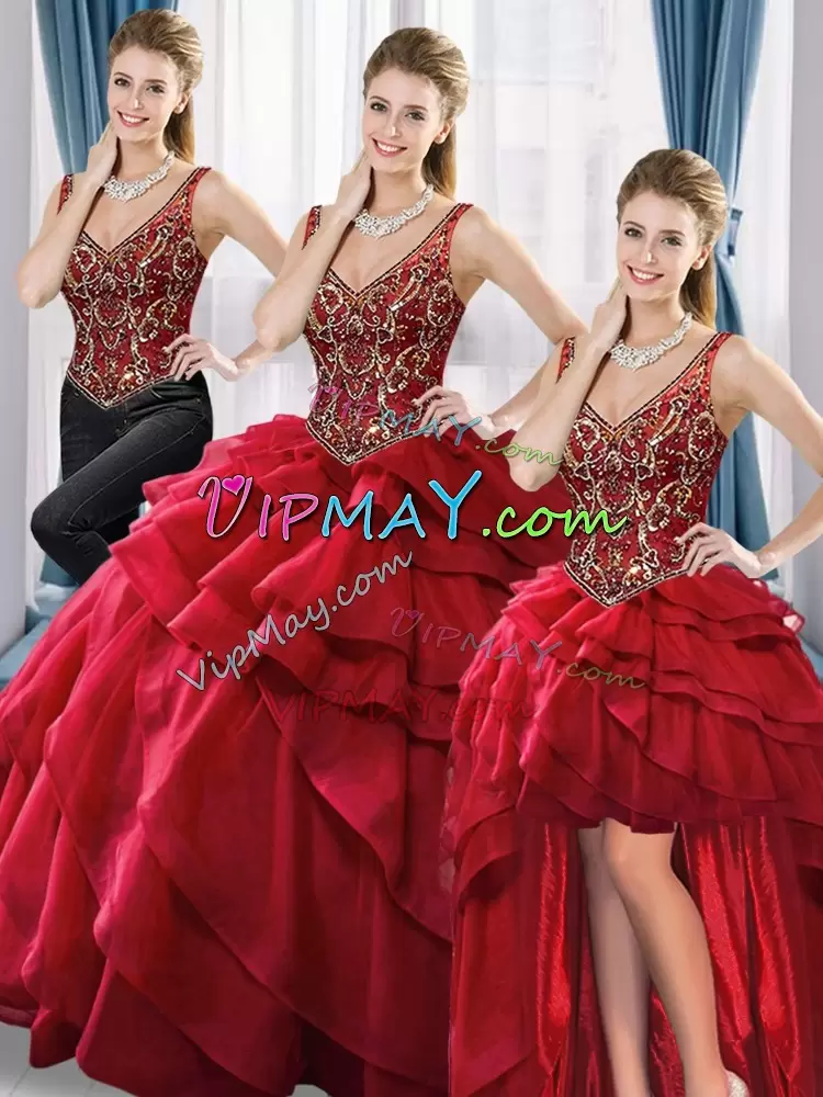 three pieces quinceanera dress,quinceanera dress with detachable skirt,convertible quinceanera dress,deep v neckline quinceanera dress,v neckline quinceanera dress,wine colored quinceanera dress,