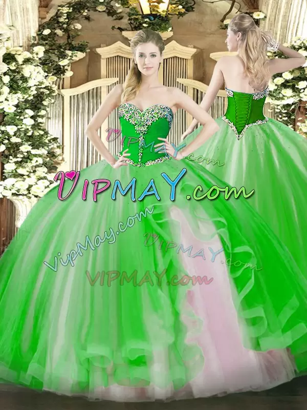 Lace Up Quinceanera Gowns Beading and Ruffles Sleeveless Floor Length