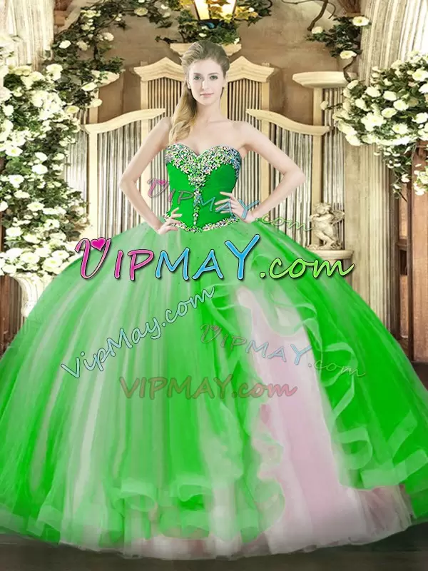 Lace Up Quinceanera Gowns Beading and Ruffles Sleeveless Floor Length