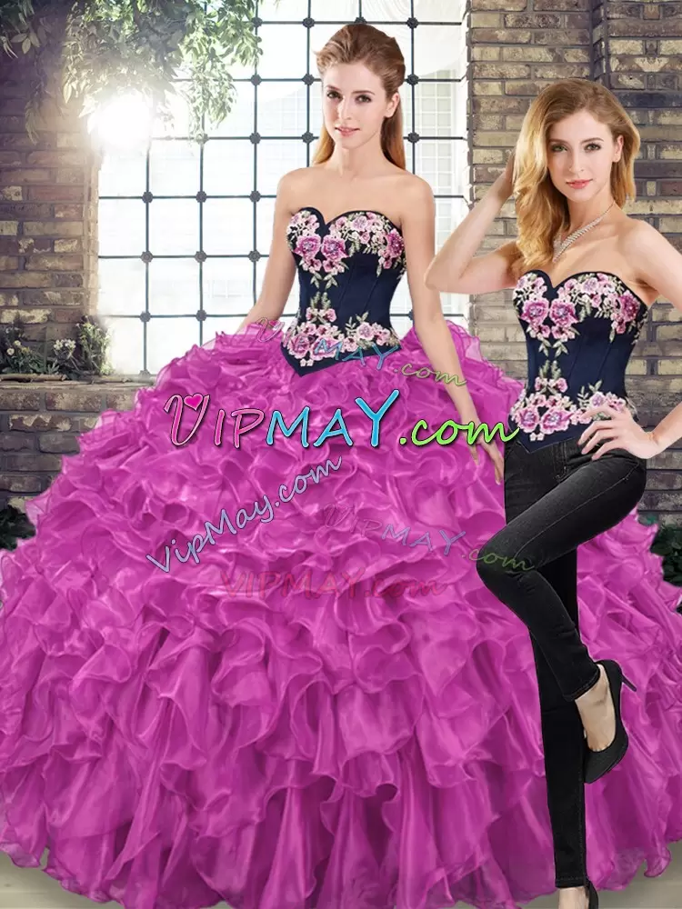 Spectacular Sweetheart Sleeveless Organza Quinceanera Gown Embroidery and Ruffles Sweep Train Lace Up