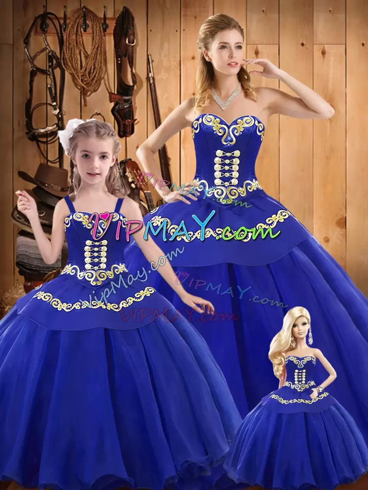 Floor Length Blue 15 Quinceanera Dress Tulle Sleeveless Embroidery