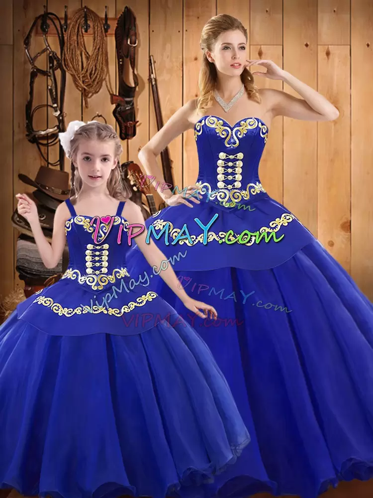 Floor Length Blue 15 Quinceanera Dress Tulle Sleeveless Embroidery