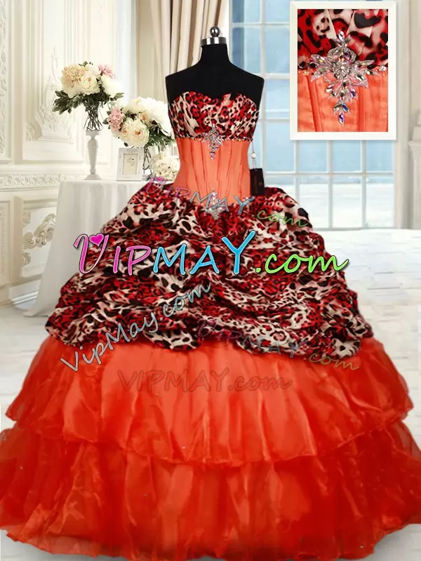 Glorious Orange Red 15th Birthday Dress Organza Brush Train Sleeveless Beading