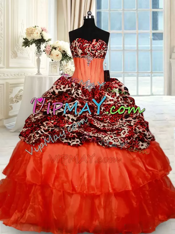 Glorious Orange Red 15th Birthday Dress Organza Brush Train Sleeveless Beading