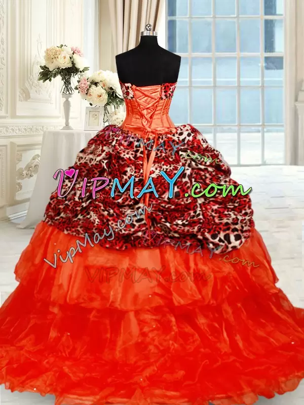 Glorious Orange Red 15th Birthday Dress Organza Brush Train Sleeveless Beading