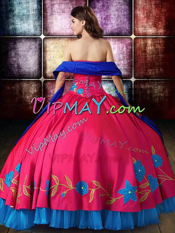 Fantastic Strapless Sleeveless Lace Up Quinceanera Gown Multi-color Taffeta Embroidery