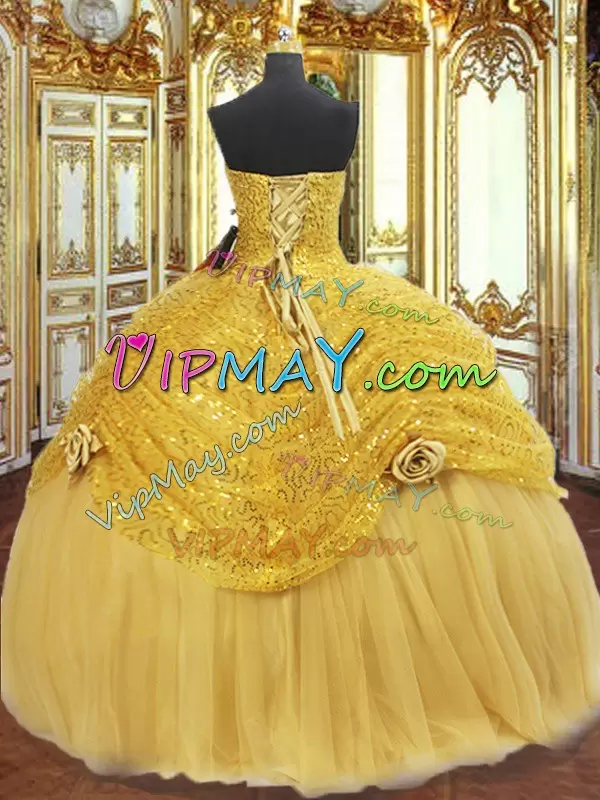 Cheap Shuning Gold Quinceanera Dresses Military Ball and Sweet 16 with Pick Ups and HandMade Flower Sweetheart Lace Up