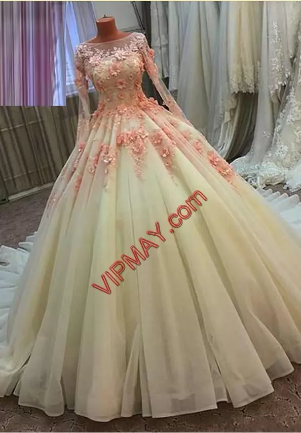 Hot Sale Scoop Long Sleeves Vestidos de Quinceanera With Train Beading and Appliques and Ruching and Hand Made Flower Champagne Tulle