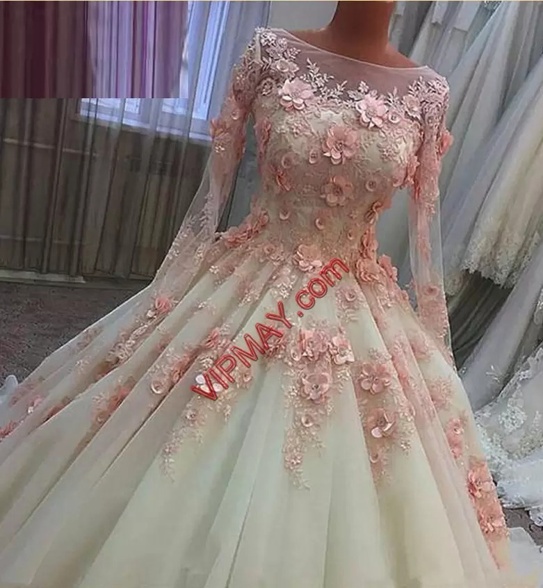 Hot Sale Scoop Long Sleeves Vestidos de Quinceanera With Train Beading and Appliques and Ruching and Hand Made Flower Champagne Tulle