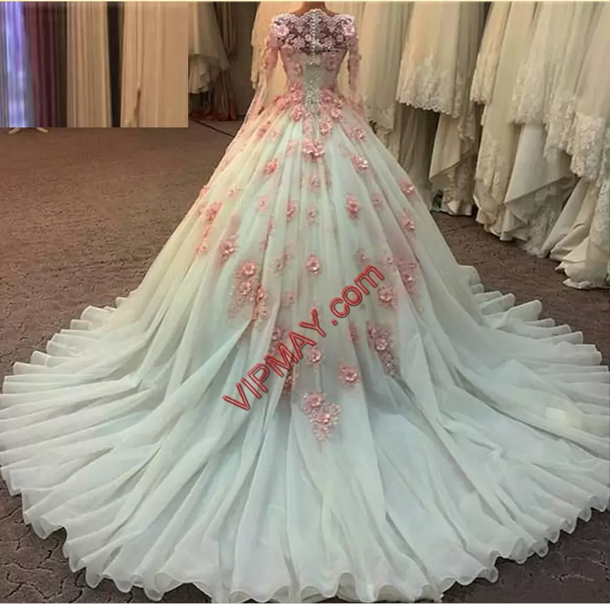 Hot Sale Scoop Long Sleeves Vestidos de Quinceanera With Train Beading and Appliques and Ruching and Hand Made Flower Champagne Tulle