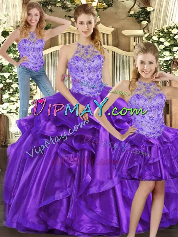 Sleeveless Floor Length Beading and Ruffles Lace Up Vestidos de Quinceanera with Purple