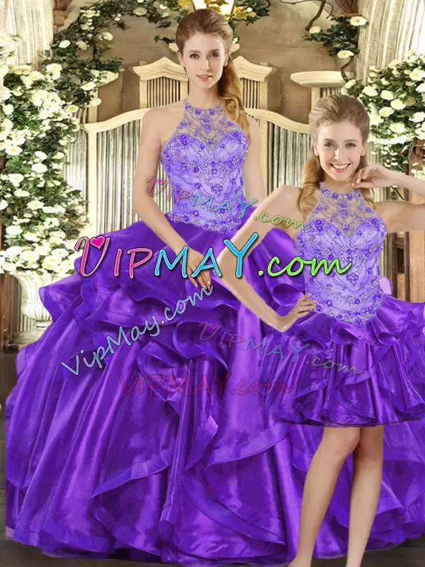 Sleeveless Floor Length Beading and Ruffles Lace Up Vestidos de Quinceanera with Purple