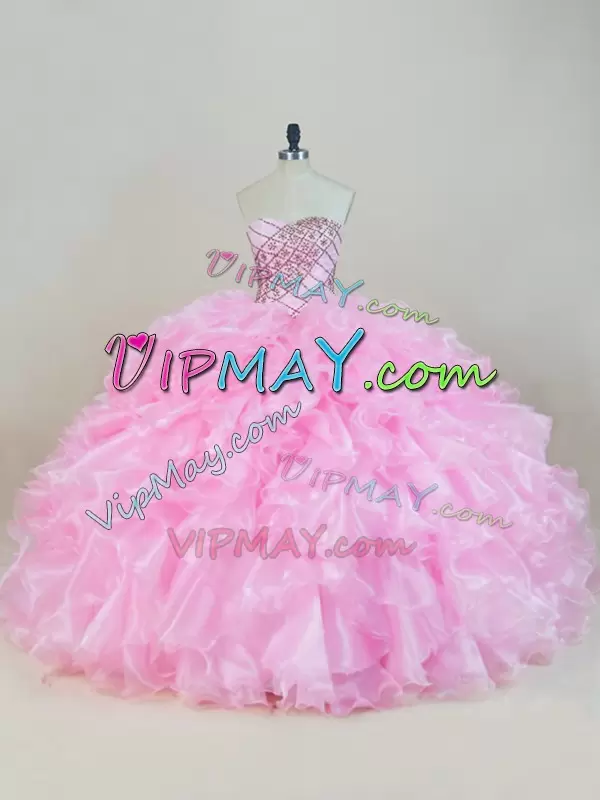 Custom Design Sleeveless Organza Floor Length Lace Up 15 Quinceanera Dress in Baby Pink with Beading and Ruffles