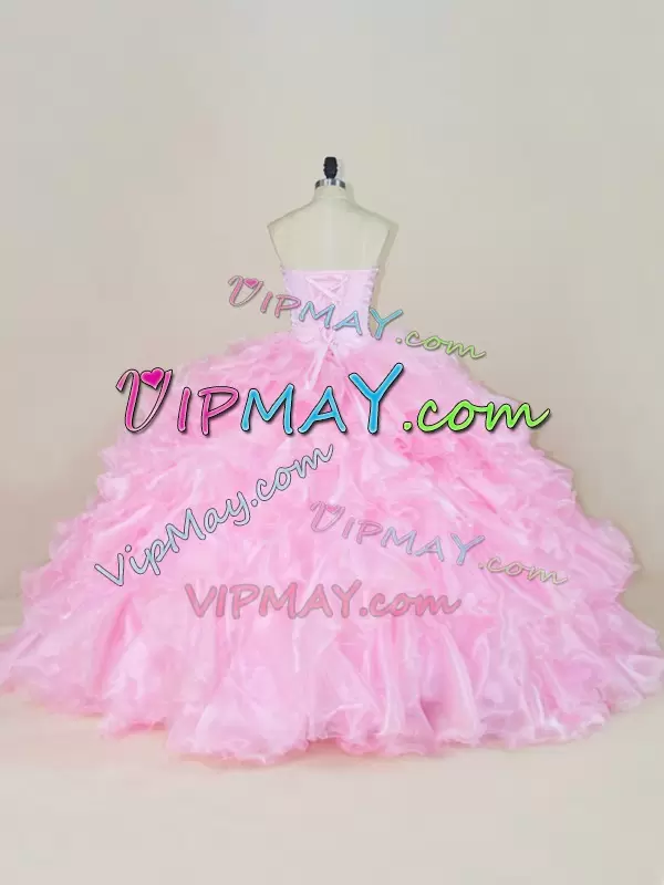 Custom Design Sleeveless Organza Floor Length Lace Up 15 Quinceanera Dress in Baby Pink with Beading and Ruffles