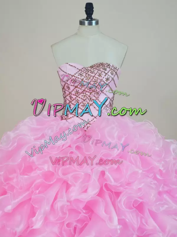 Custom Design Sleeveless Organza Floor Length Lace Up 15 Quinceanera Dress in Baby Pink with Beading and Ruffles