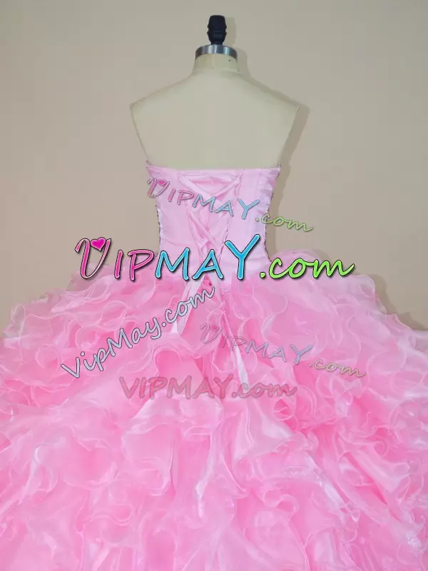 Custom Design Sleeveless Organza Floor Length Lace Up 15 Quinceanera Dress in Baby Pink with Beading and Ruffles