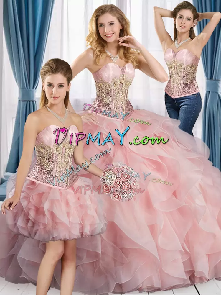 Floor Length Pink Ball Gown Prom Dress Satin and Organza Sleeveless Beading and Ruffles