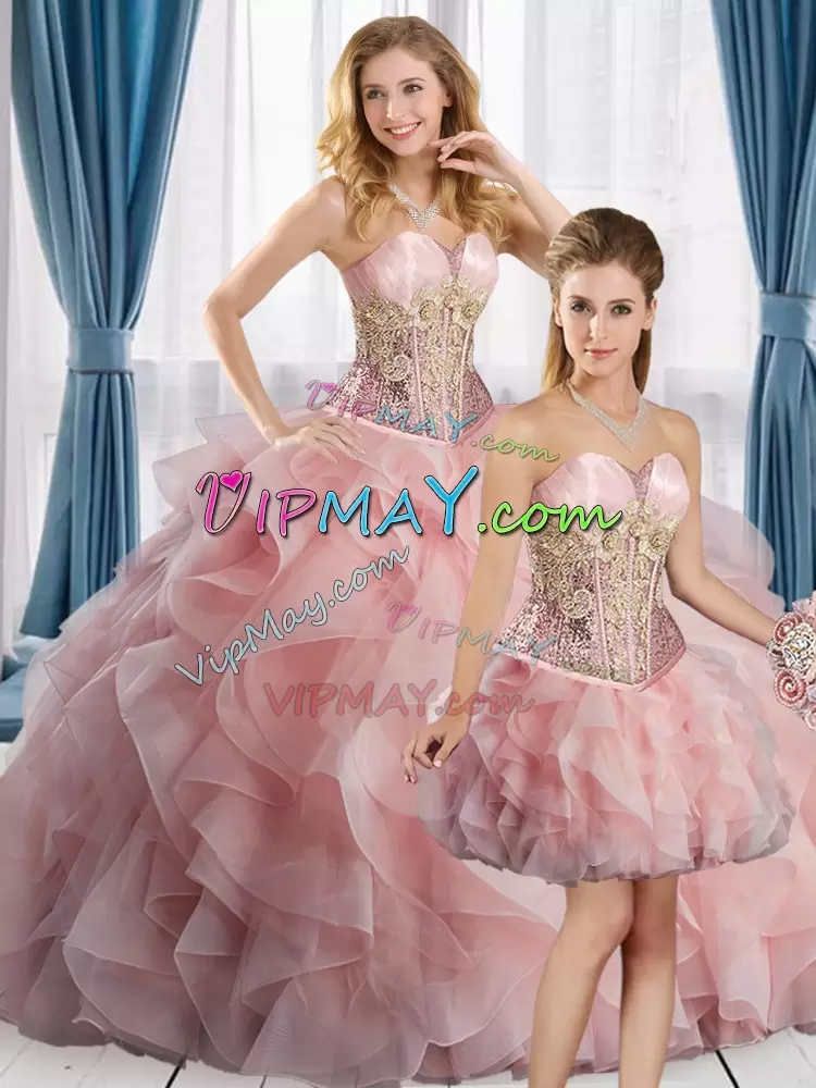 Floor Length Pink Ball Gown Prom Dress Satin and Organza Sleeveless Beading and Ruffles