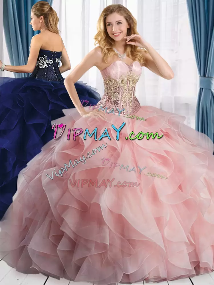 Floor Length Pink Ball Gown Prom Dress Satin and Organza Sleeveless Beading and Ruffles