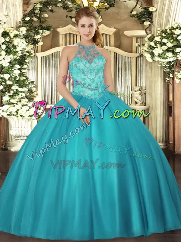 Stylish Teal Ball Gowns Beading Sweet 16 Dresses Lace Up Satin Sleeveless Floor Length