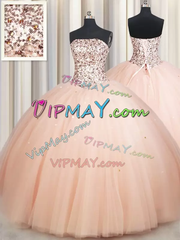 Beauteous Peach Strapless Neckline Beading Quinceanera Dress Sleeveless Lace Up