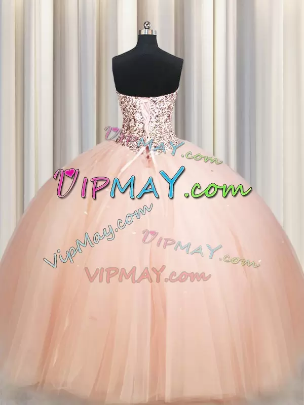 Beauteous Peach Strapless Neckline Beading Quinceanera Dress Sleeveless Lace Up