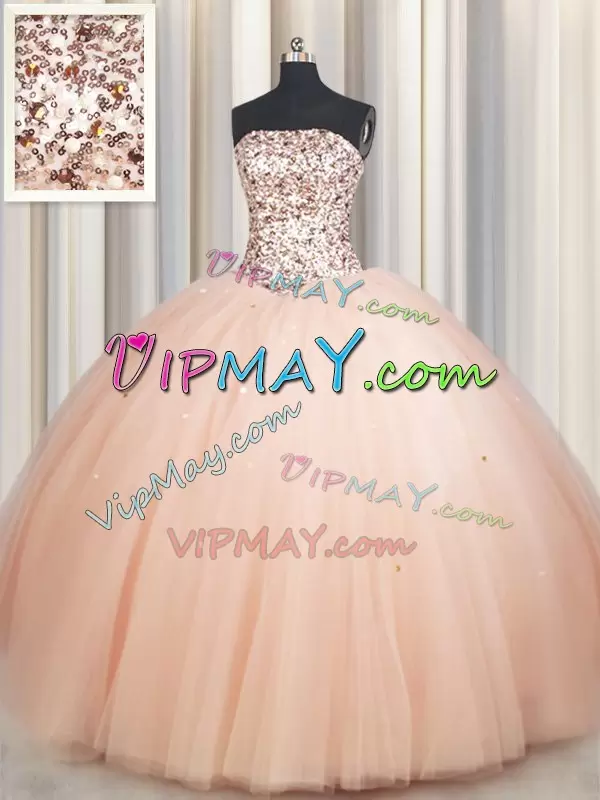 Beauteous Peach Strapless Neckline Beading Quinceanera Dress Sleeveless Lace Up