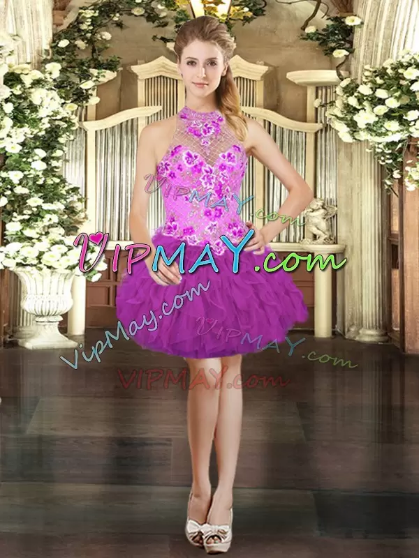 Top Selling Fuchsia Halter Top Neckline Embroidery and Ruffles Vestidos de Quinceanera Sleeveless Lace Up