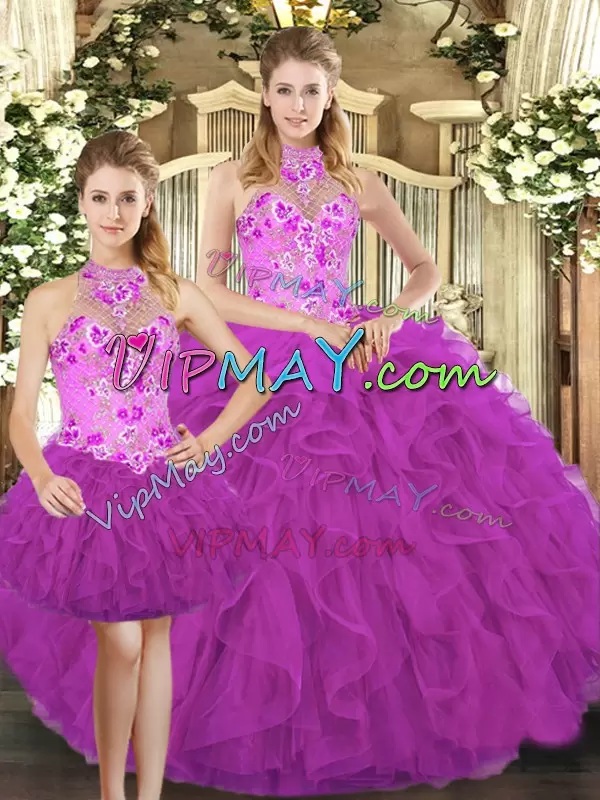 Top Selling Fuchsia Halter Top Neckline Embroidery and Ruffles Vestidos de Quinceanera Sleeveless Lace Up