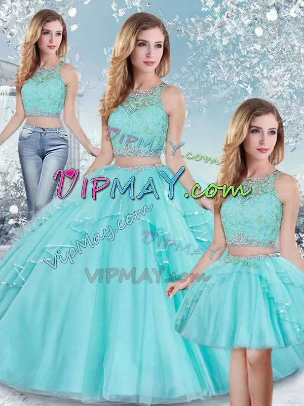 Graceful Floor Length Aqua Blue Sweet 16 Dress Scoop Sleeveless Clasp Handle