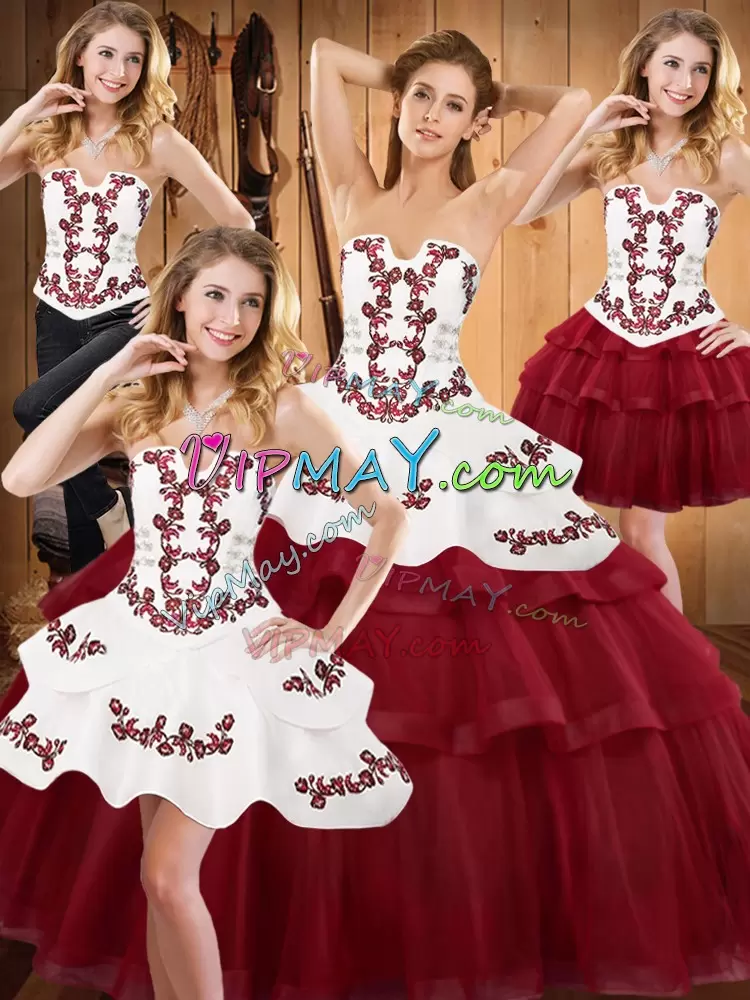 Burgundy Sleeveless Embroidery and Ruffled Layers With Train Quinceanera Gowns