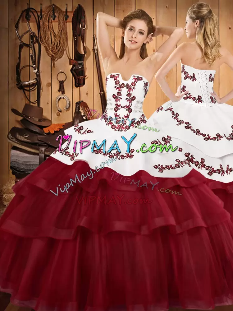 Burgundy Sleeveless Embroidery and Ruffled Layers With Train Quinceanera Gowns