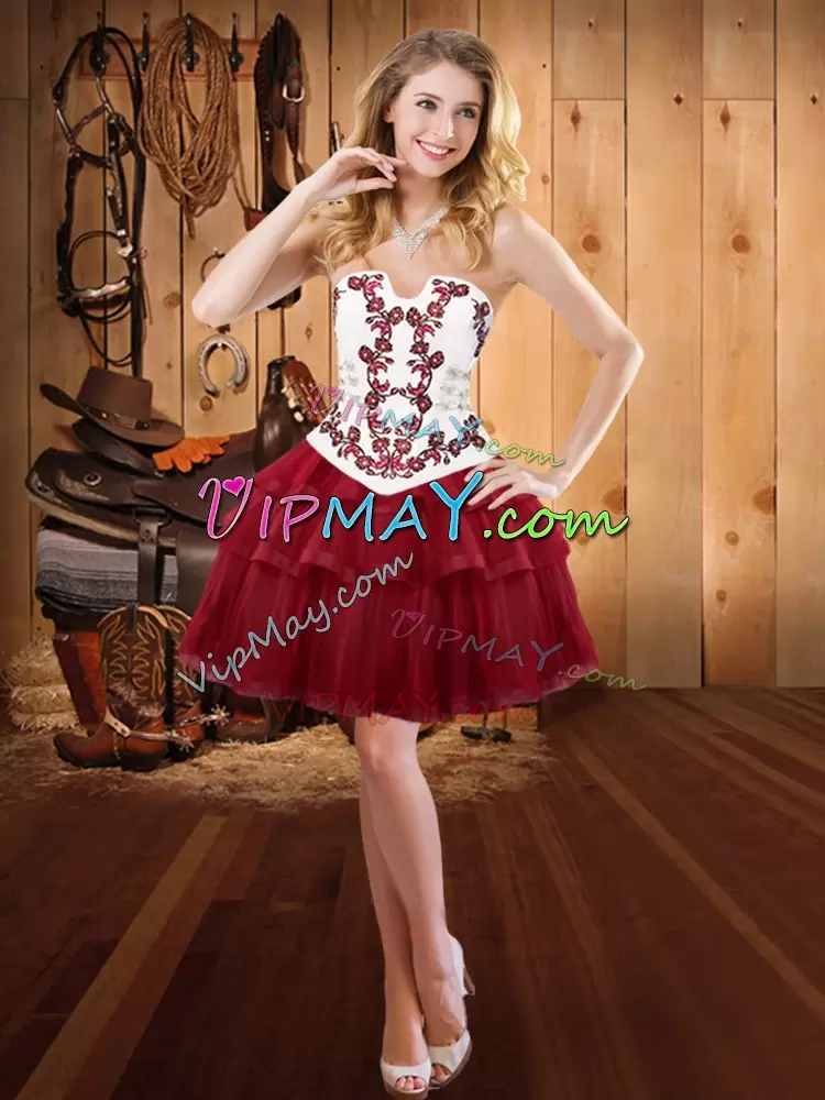 Burgundy Sleeveless Embroidery and Ruffled Layers With Train Quinceanera Gowns