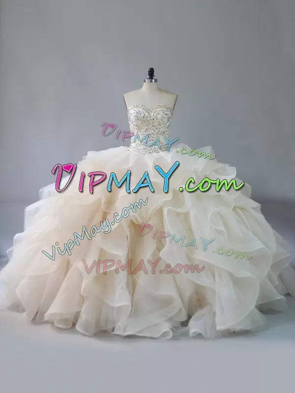 Fitting Champagne Organza Lace Up Sweetheart Sleeveless Ball Gown Prom Dress Brush Train Beading and Ruffles