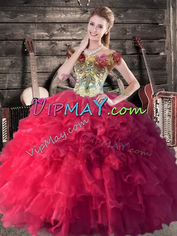 Best Pink And White Quinceanera Gowns Sweet 16 and Quinceanera with Embroidery and Ruffles Off The Shoulder Sleeveless Lace Up