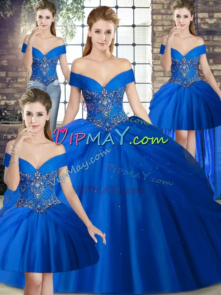 Elegant Royal Blue Ball Gowns Beading and Pick Ups 15th Birthday Dress Lace Up Tulle Sleeveless