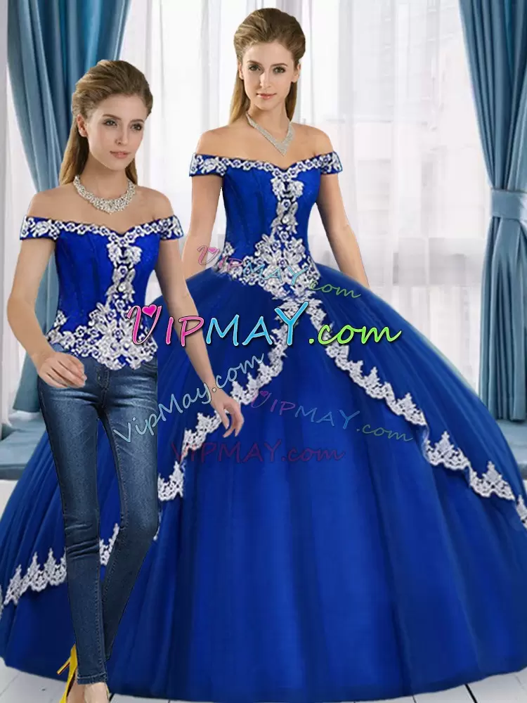 High End Royal Blue Quinceanera Gown Quinceanera with Lace Off The Shoulder Sleeveless Lace Up