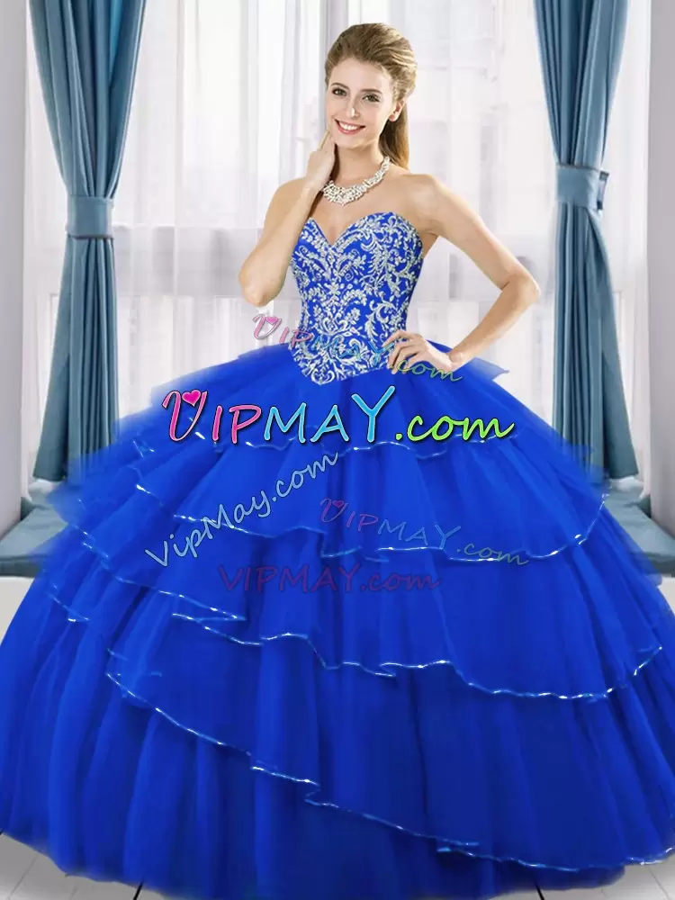 Royal Blue Sleeveless Floor Length Beading and Ruffled Layers Lace Up Sweet 16 Dresses Sweetheart