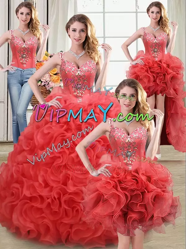 On Sale Coral Red Straps Neckline Beading and Ruffles Quince Ball Gowns Sleeveless Zipper