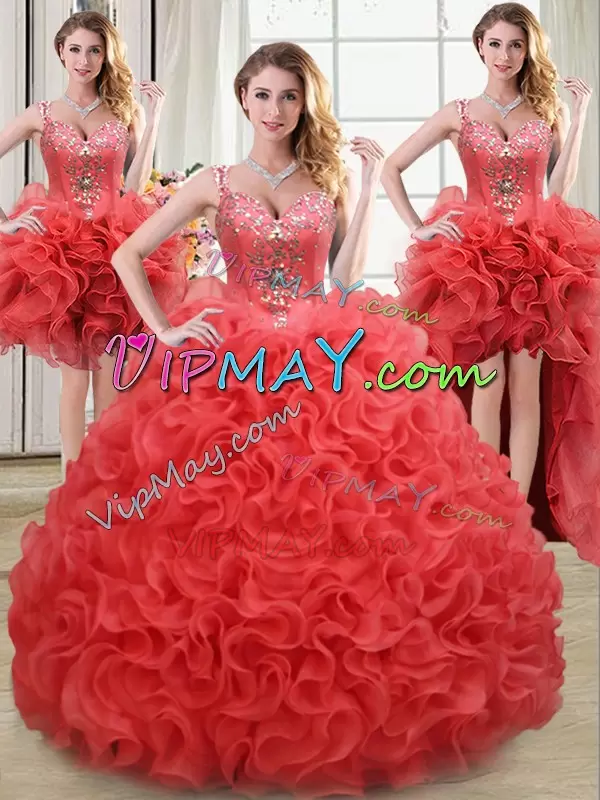 On Sale Coral Red Straps Neckline Beading and Ruffles Quince Ball Gowns Sleeveless Zipper