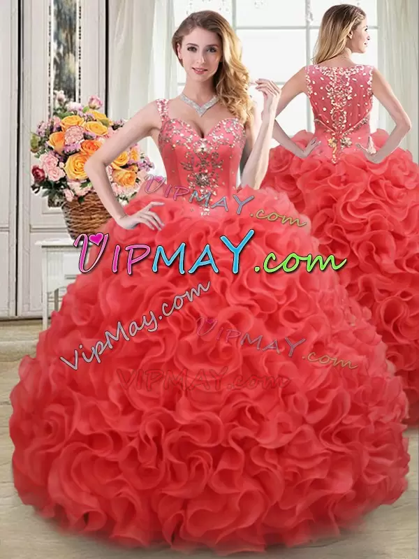 On Sale Coral Red Straps Neckline Beading and Ruffles Quince Ball Gowns Sleeveless Zipper