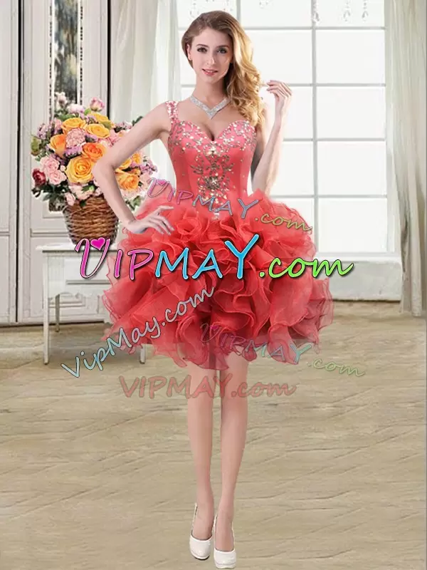 On Sale Coral Red Straps Neckline Beading and Ruffles Quince Ball Gowns Sleeveless Zipper