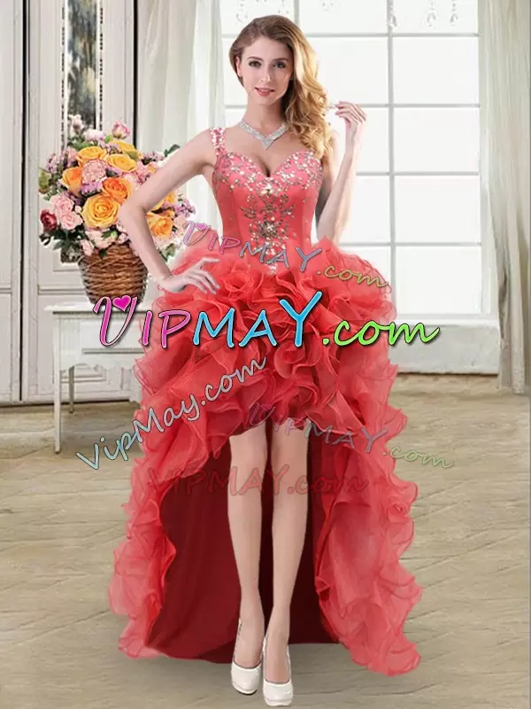 On Sale Coral Red Straps Neckline Beading and Ruffles Quince Ball Gowns Sleeveless Zipper