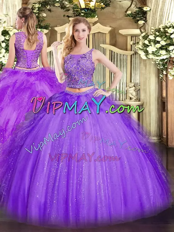 Lavender Sleeveless Tulle Lace Up Quince Ball Gowns for Military Ball and Sweet 16 and Quinceanera