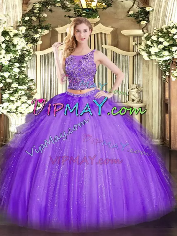 Lavender Sleeveless Tulle Lace Up Quince Ball Gowns for Military Ball and Sweet 16 and Quinceanera