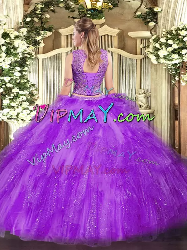 Lavender Sleeveless Tulle Lace Up Quince Ball Gowns for Military Ball and Sweet 16 and Quinceanera