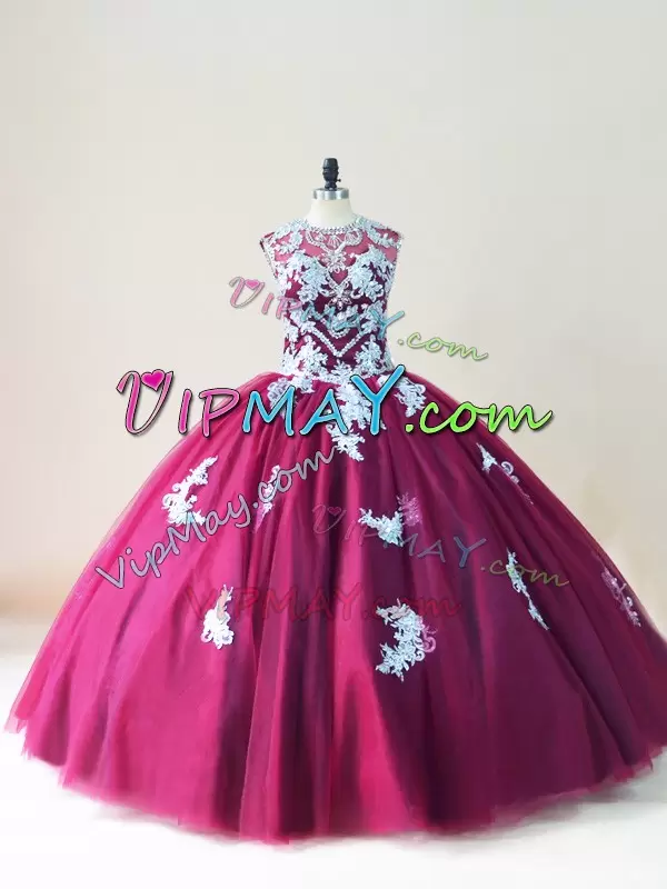 Scoop Sleeveless Lace Up Sweet 16 Dresses Burgundy Tulle Beading and Appliques