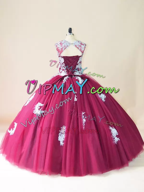 Scoop Sleeveless Lace Up Sweet 16 Dresses Burgundy Tulle Beading and Appliques