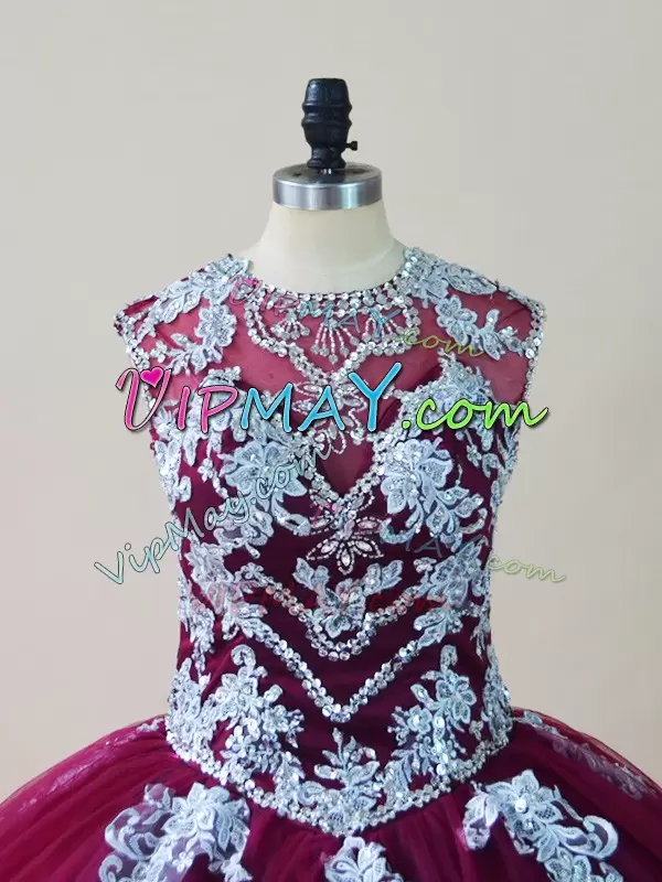 Scoop Sleeveless Lace Up Sweet 16 Dresses Burgundy Tulle Beading and Appliques