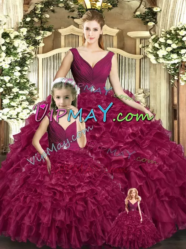 Romantic Floor Length Backless Ball Gown Prom Dress Burgundy and In with Beading and Ruffles